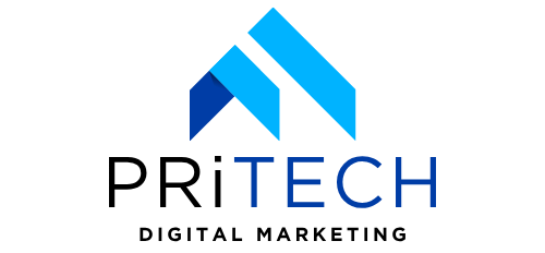 "PRiTECH Digital Marketing logo featuring modern geometric shapes in shades of blue forming an upward-pointing abstract symbol above the bold text ‘PRiTECH’, with ‘PRI’ in black and ‘TECH’ in blue, and ‘Digital Marketing’ written below in clean black capital letters."