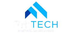 PRiTECH Digital Marketing logo featuring stylized blue upward bars symbolizing growth and strategy